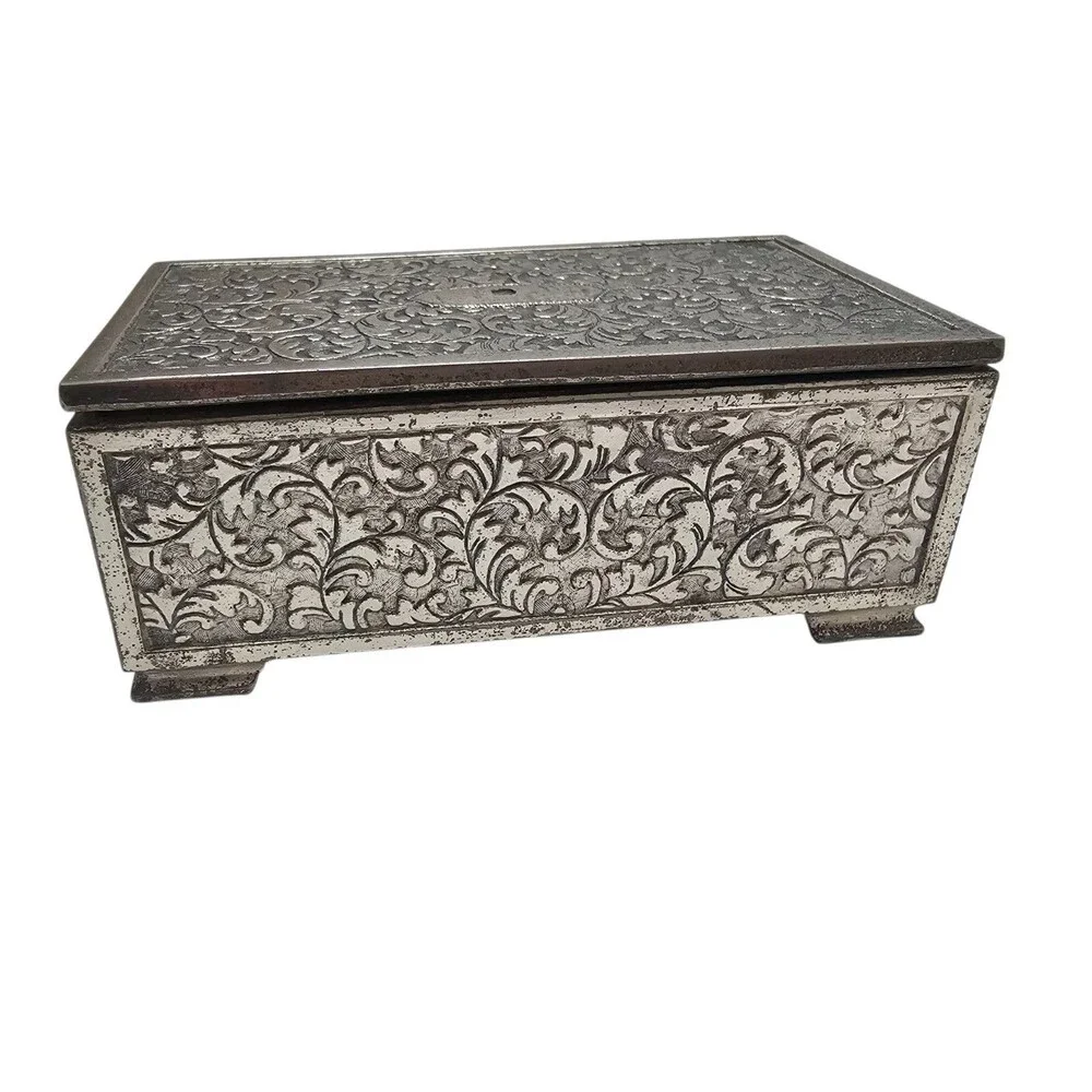 Vintage Ornate Silver Metal Decorative Music Box with Intricate Floral Engraving